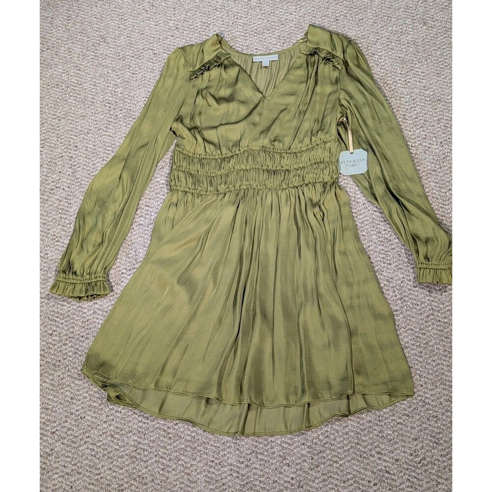 Ryegrass Smocked Waist Dress Medium Olive Green V Neck Long Sleeve Boho Flowy